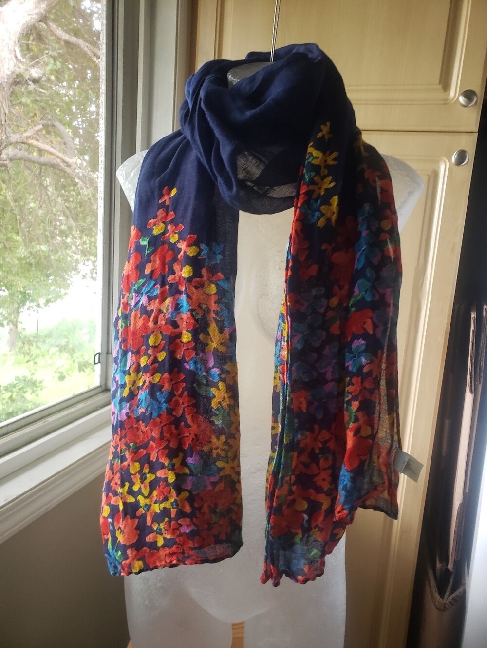Old Navy Navy Linen Blend Floral Border Scarf